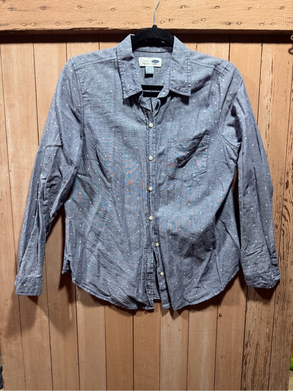 Old Navy Women's Chambray Button-Down Shirt - Blue with White Dots